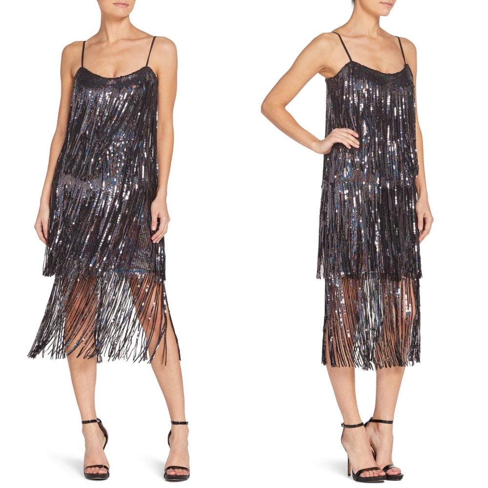 NEW DRESS THE POPULATION Onyx ROXY Sequin FRINGE 1920's Flapper SHIFT DRESS XXS - Picture 1 of 16
